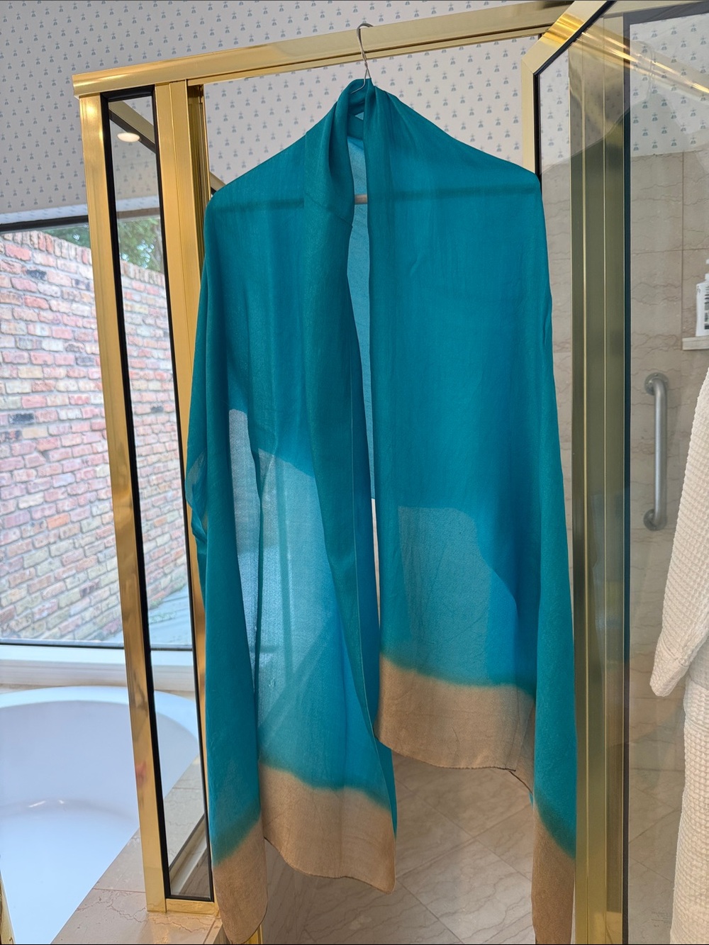 Teal Sheer Scarf with Beige Trim